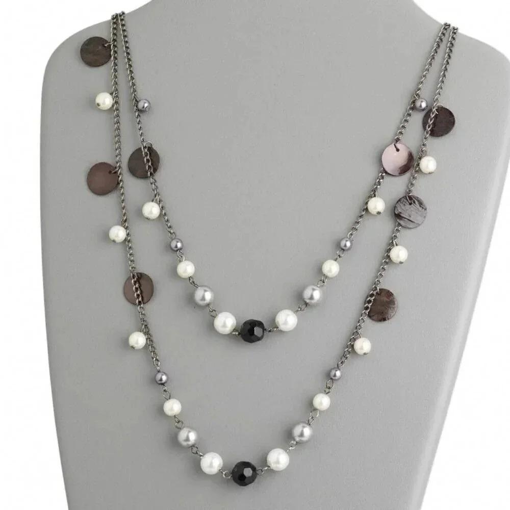 Edgy Gunmetal Grey Chain Glass Pearls & Shell Drop Charms Necklace